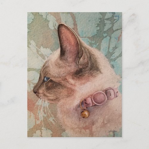 Siamese Kitten Pink Collar Watercolor Art Postcard