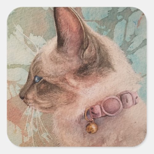 Siamese Kitten Pink Collar Watercolor Art Square Sticker