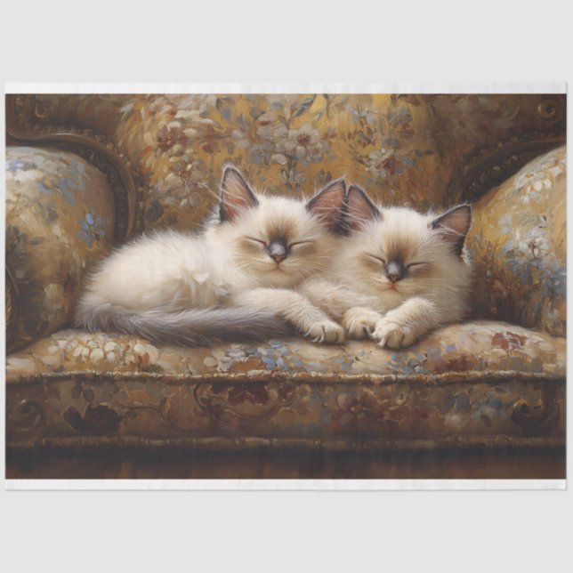 Siamese Kittens Napping Vintage Couch Decoupage Tissue Paper (Front)