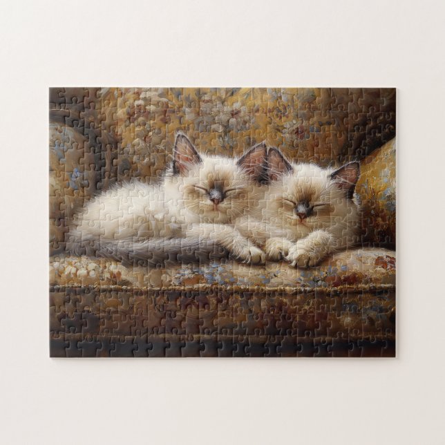 Siamese Kittens Napping Vintage Couch Jigsaw Puzzle (Horizontal)
