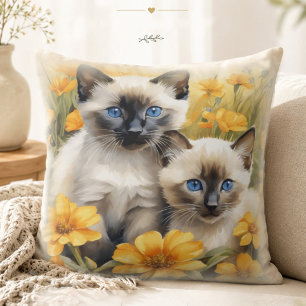Siamese Kittens with Yellow Flowers Throw Pillow