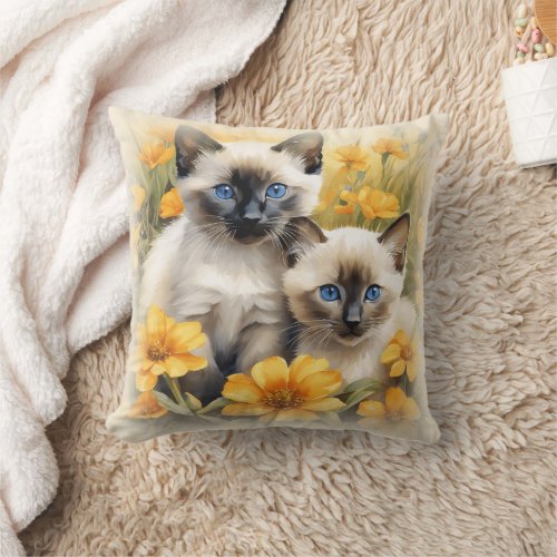 Siamese Kittens with Yellow Flowers  Throw Pillow