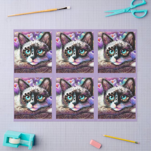 Siamese Kitty Cat Crocus Floral Purple Decoupage Tissue Paper (Craft)