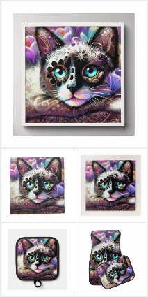 Siamese Kitty Cat Crocus Floral Purple Teal White