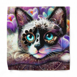 Siamese Kitty Cat Crocus Floral Purple Teal White Bandana
