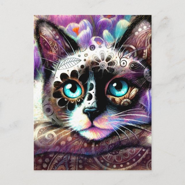 Siamese Kitty Cat Crocus Floral Purple Teal White Postcard (Front)
