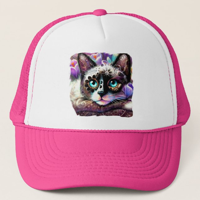 Siamese Kitty Cat Crocus Floral Purple Teal White Trucker Hat (Front)