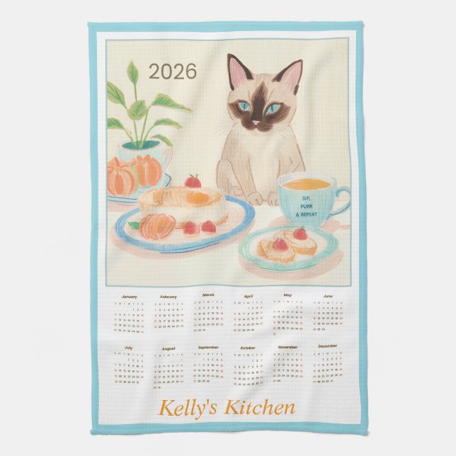 Siamese Paws & Tea Time Kitchen Towel Calendar (Vertical)