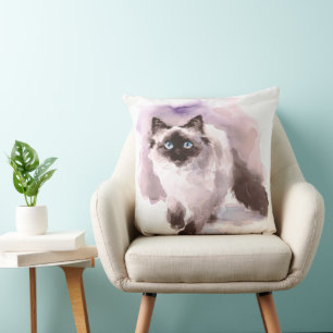 Siamese Ragdoll Watercolor Cat Walking Throw Pillow