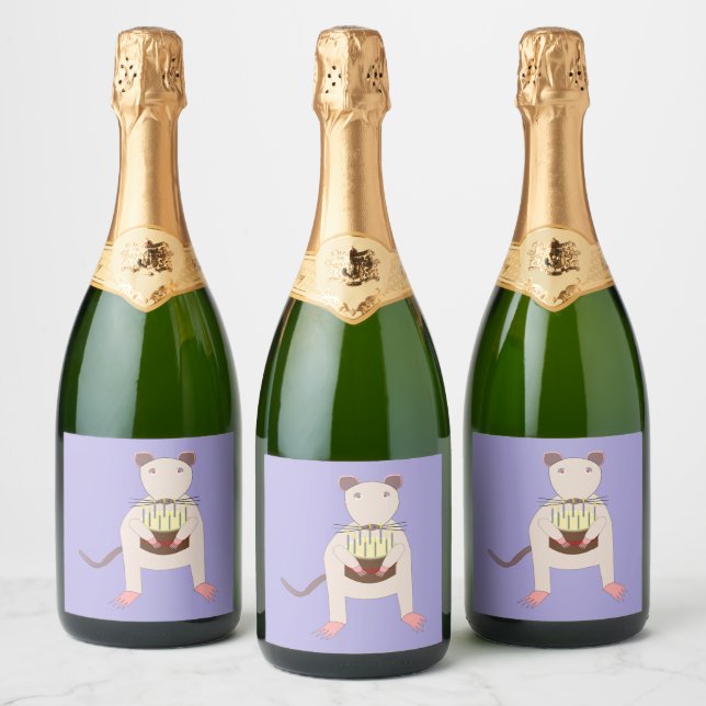 Siamese Rat with Birthday Cake Sparkling Wine Label (Bottles)