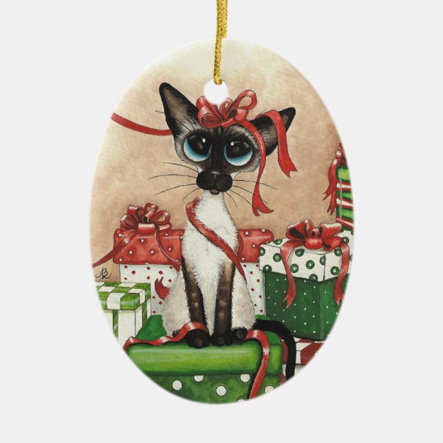 Siamese Red Ribbon Ceramic Ornament (Front)