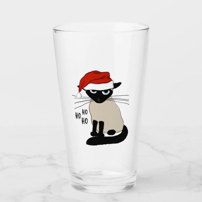 Siamese Santa Cat Ho Ho Ho | Funny Christmas Kitty Glass (Front)