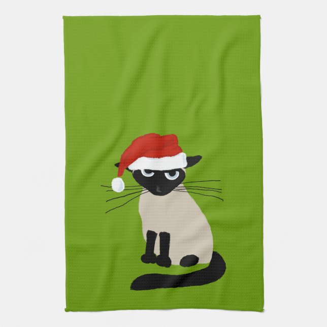 Siamese Santa | Funny Christmas Holiday Kitty Cat Kitchen Towel (Vertical)