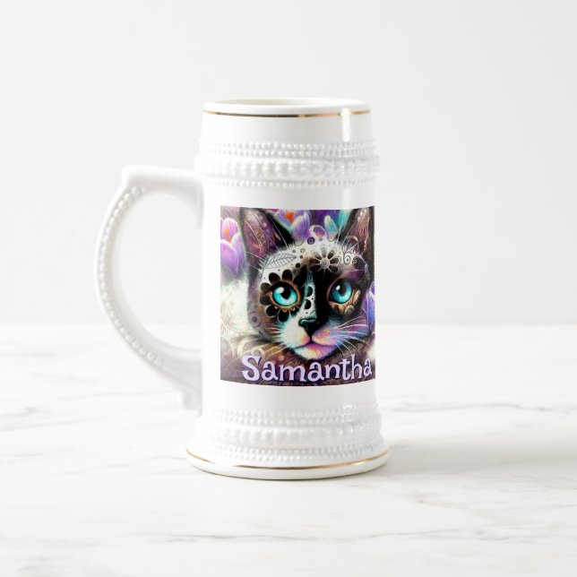 Siamese White Kitty Cat Crocus Floral Personalized Beer Stein (Left)