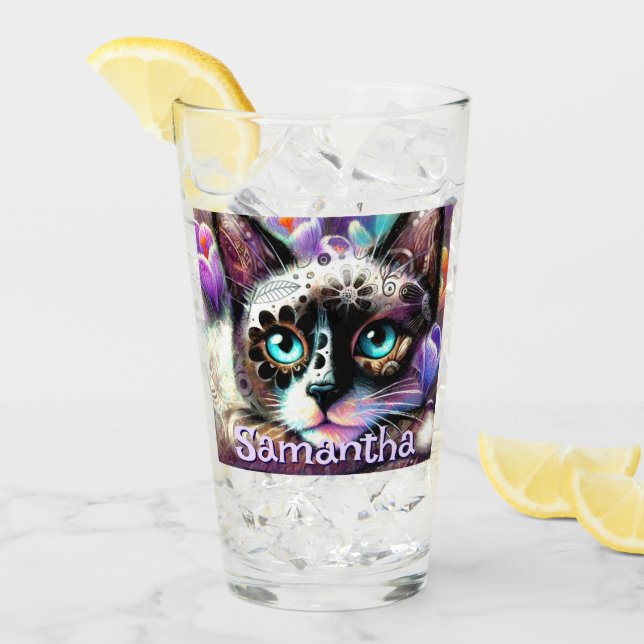 Siamese White Kitty Cat Crocus Floral Personalized Glass (Front Ice)