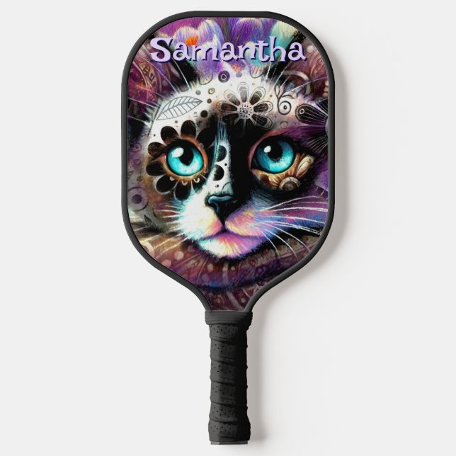 Siamese White Kitty Cat Crocus Floral Personalized Pickleball Paddle (Front)