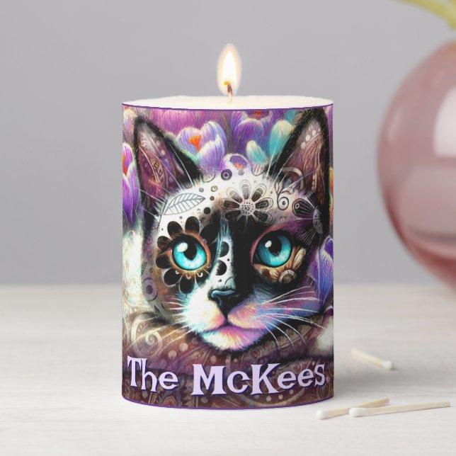 Siamese White Kitty Cat Crocus Floral Personalized Pillar Candle (In Situ)