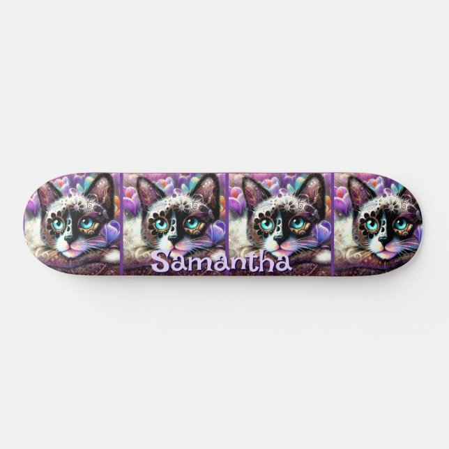 Siamese White Kitty Cat Crocus Floral Personalized Skateboard (Horz)