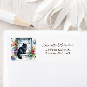 Siberian Black Cat on Window Summer Floral Label