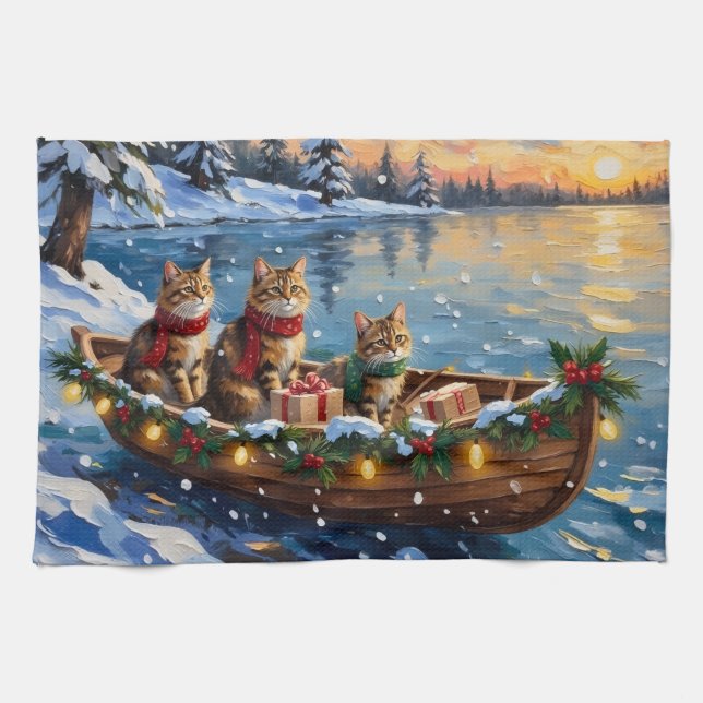 Siberian Cat Christmas Boat Holiday Kitchen Towel (Horizontal)