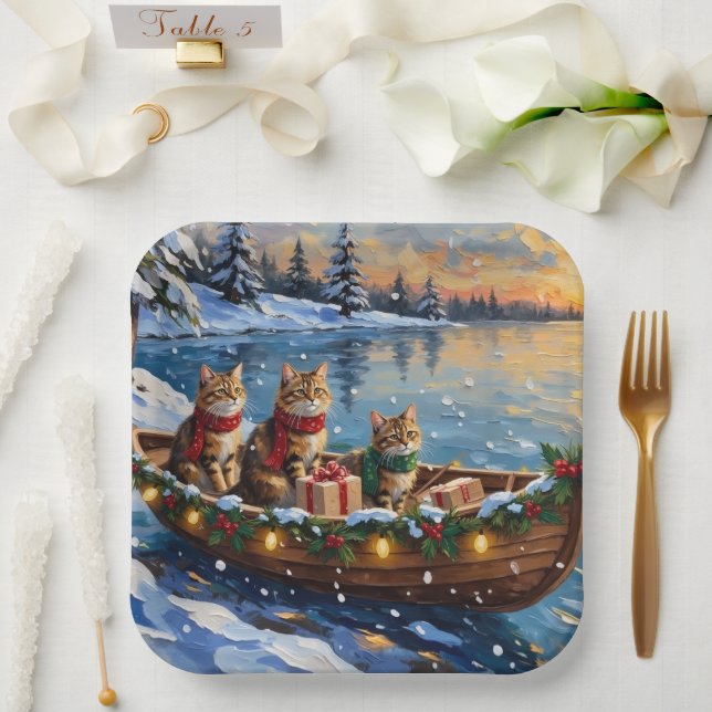 Siberian Cat Christmas Boat Holiday Paper Plates (Wedding)