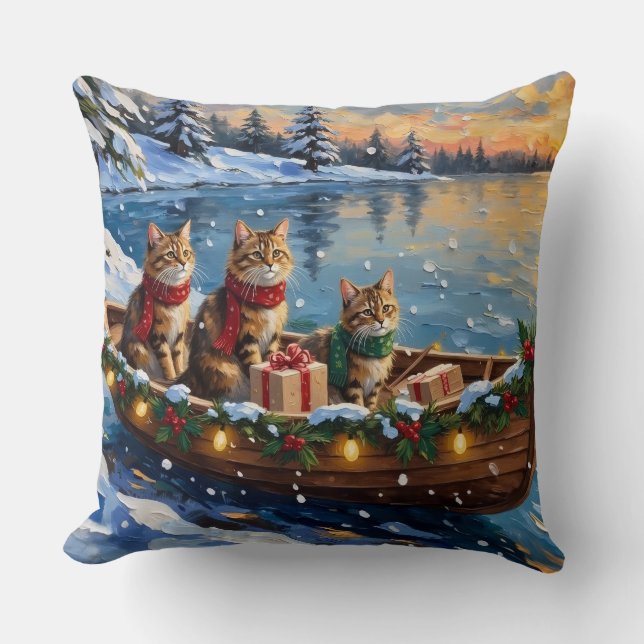Siberian Cat Christmas Boat Holiday Throw Pillow (Front)
