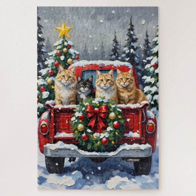 Siberian Cat Christmas Red Truck Holiday Jigsaw Puzzle (Vertical)