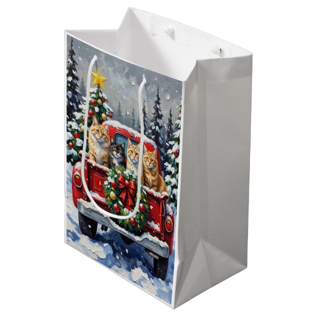 Siberian Cat Christmas Red Truck Holiday Medium Gift Bag (Front Angled)