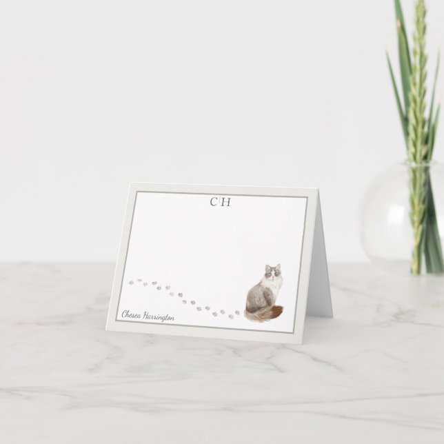 Siberian Cat Gray Border Monogram Name Folded Thank You Card (Front)