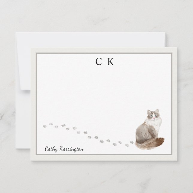 Siberian Cat Gray Border Monogram Name Note Card (Front)