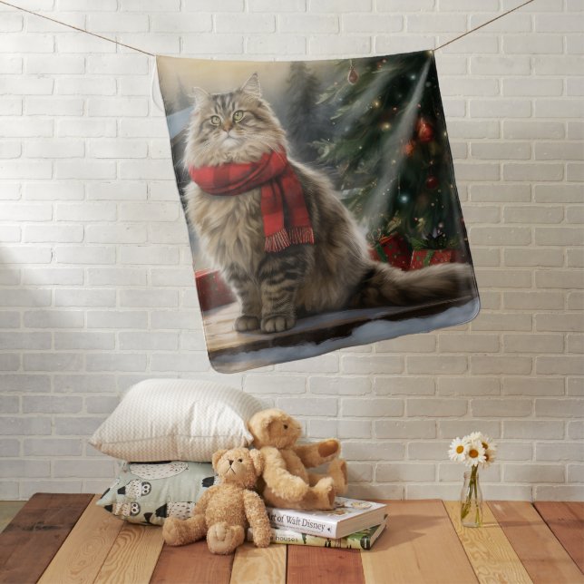 Siberian Cat in Snow Christmas Baby Blanket (In Situ)