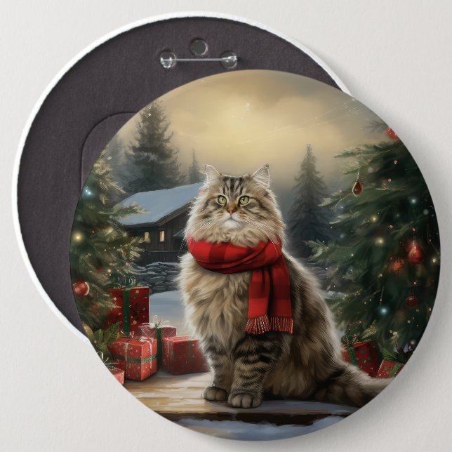 Siberian Cat in Snow Christmas Button (Front & Back)