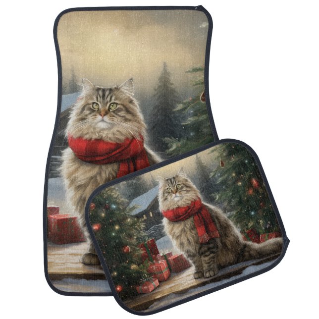 Siberian Cat in Snow Christmas Car Floor Mat (Set)