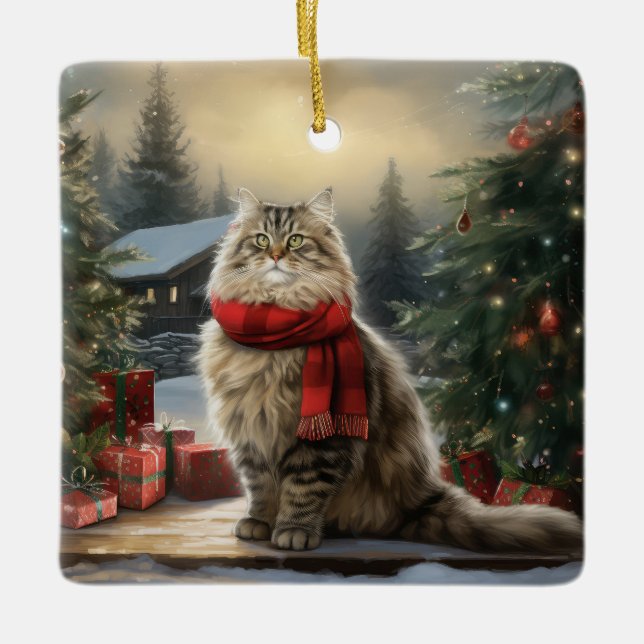 Siberian Cat in Snow Christmas Ceramic Ornament (Front)