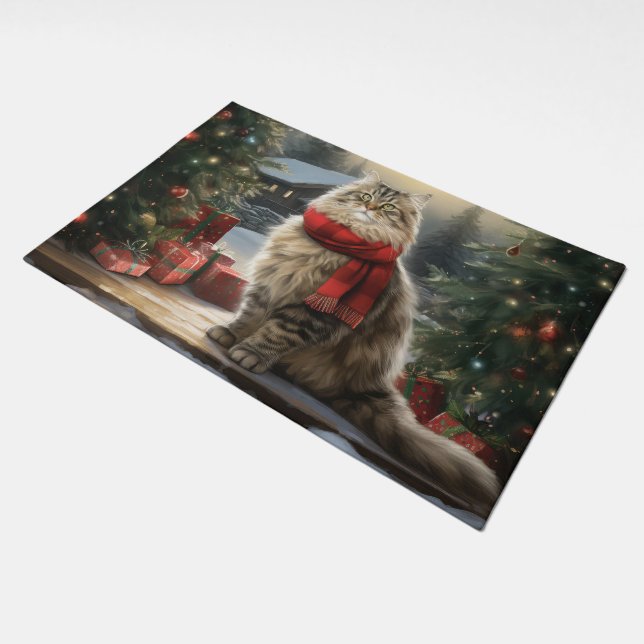 Siberian Cat in Snow Christmas Doormat (Angled)