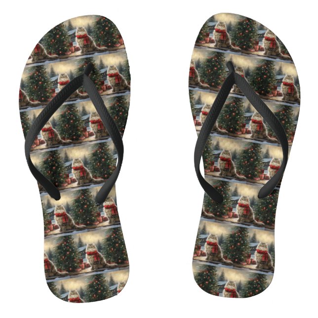 Siberian Cat in Snow Christmas Flip Flops (Footbed)