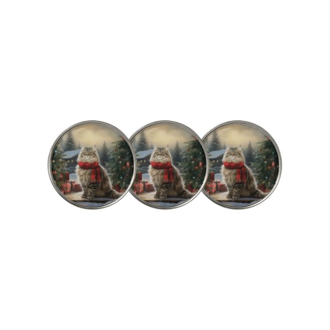 Siberian Cat in Snow Christmas Golf Ball Marker (3 Up)