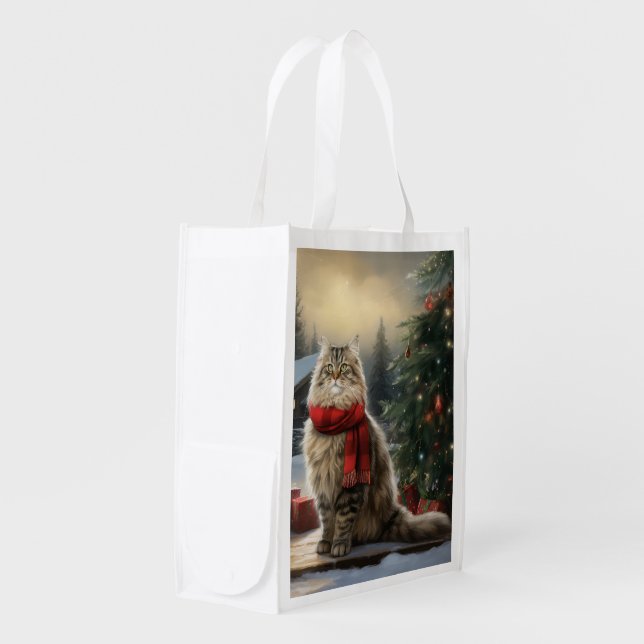 Siberian Cat in Snow Christmas Grocery Bag (Front Side)
