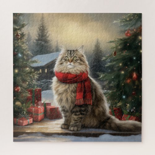 Siberian Cat in Snow Christmas Jigsaw Puzzle