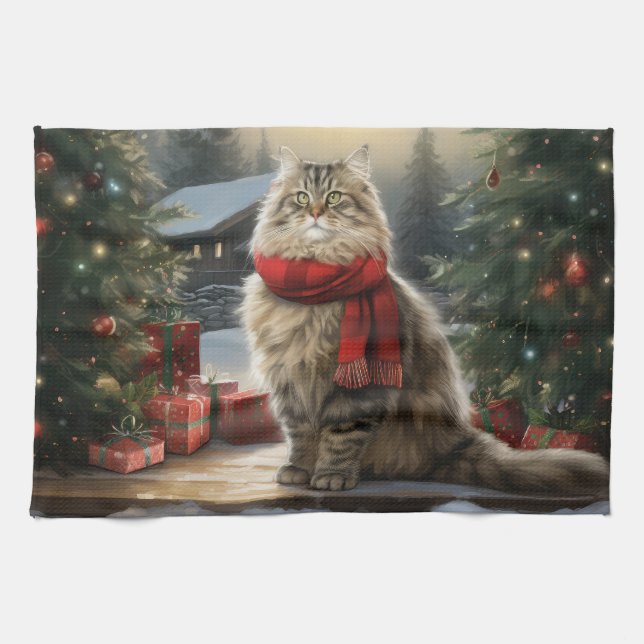 Siberian Cat in Snow Christmas Kitchen Towel (Horizontal)