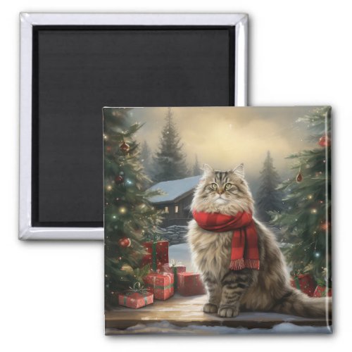Siberian Cat in Snow Christmas Magnet