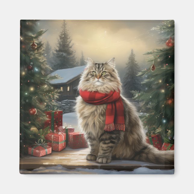 Siberian Cat in Snow Christmas Magnet (Front)