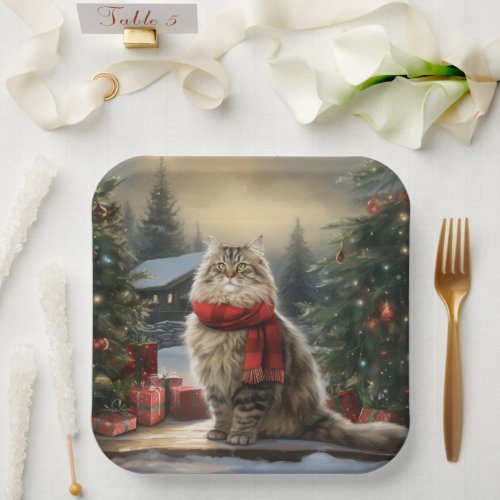 Siberian Cat in Snow Christmas Paper Plates