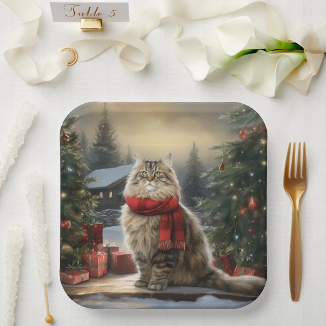 Siberian Cat in Snow Christmas Paper Plates (Wedding)