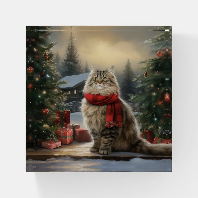 Siberian Cat in Snow Christmas Paperweight (Front)