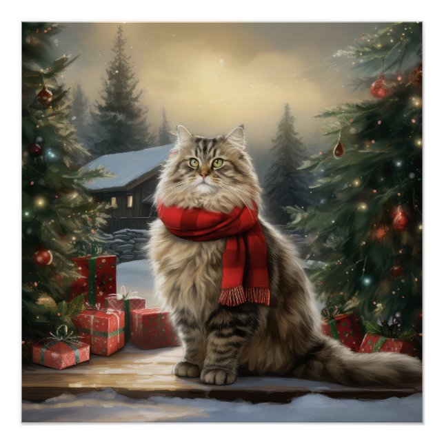 Siberian Cat in Snow Christmas Poster (Front)