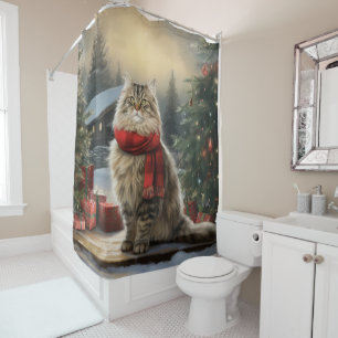 Siberian Cat in Snow Christmas Shower Curtain