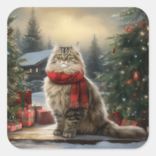 Siberian Cat in Snow Christmas Square Sticker