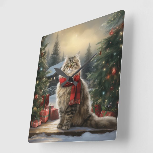 Siberian Cat in Snow Christmas Square Wall Clock (Angle)
