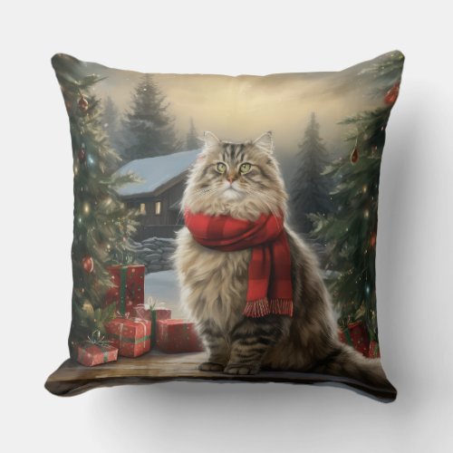 Siberian Cat in Snow Christmas Throw Pillow